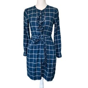 Draper James Navy and White Windowpane Plaid Ruffle Tie-Waist Long Sleeve Dress